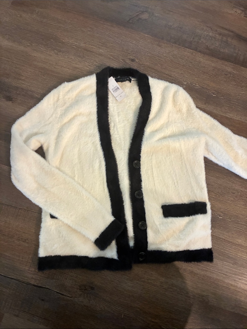 NWT -Ann Taylor Cream Cardigan with Black Trim - Cozy Contrast Sweater(small)